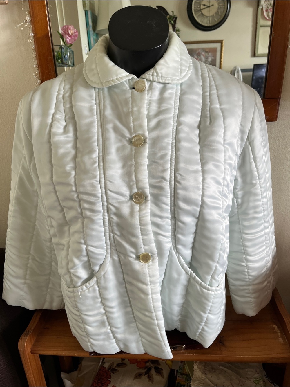 Vintage White Quilted Bed Jacket w/ A Light Mint or Blue Hue by Nanette Size M